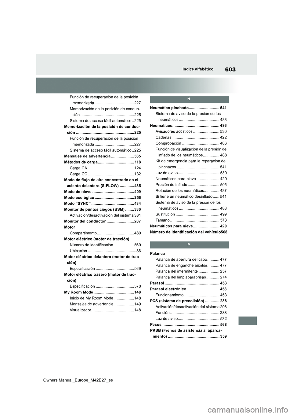 TOYOTA BZ4X 2022  Manuale de Empleo (in Spanish) 603
Owners Manual_Europe_M42E27_es
Índice alfabético
Función de recuperación de la posición  
memorizada ....................................227
Memorización de la posición de conduc-
ción ...