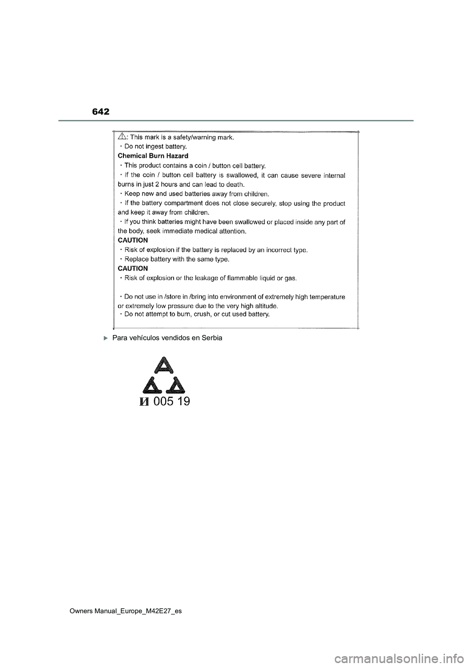TOYOTA BZ4X 2022  Manuale de Empleo (in Spanish) 642
Owners Manual_Europe_M42E27_es
Para vehículos vendidos en Serbia 