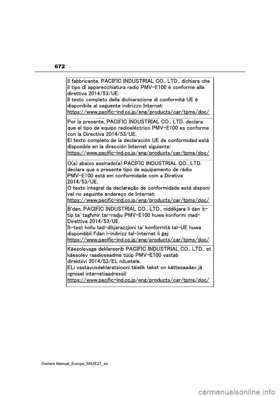 TOYOTA BZ4X 2022  Manuale de Empleo (in Spanish) 672
Owners Manual_Europe_M42E27_es 
