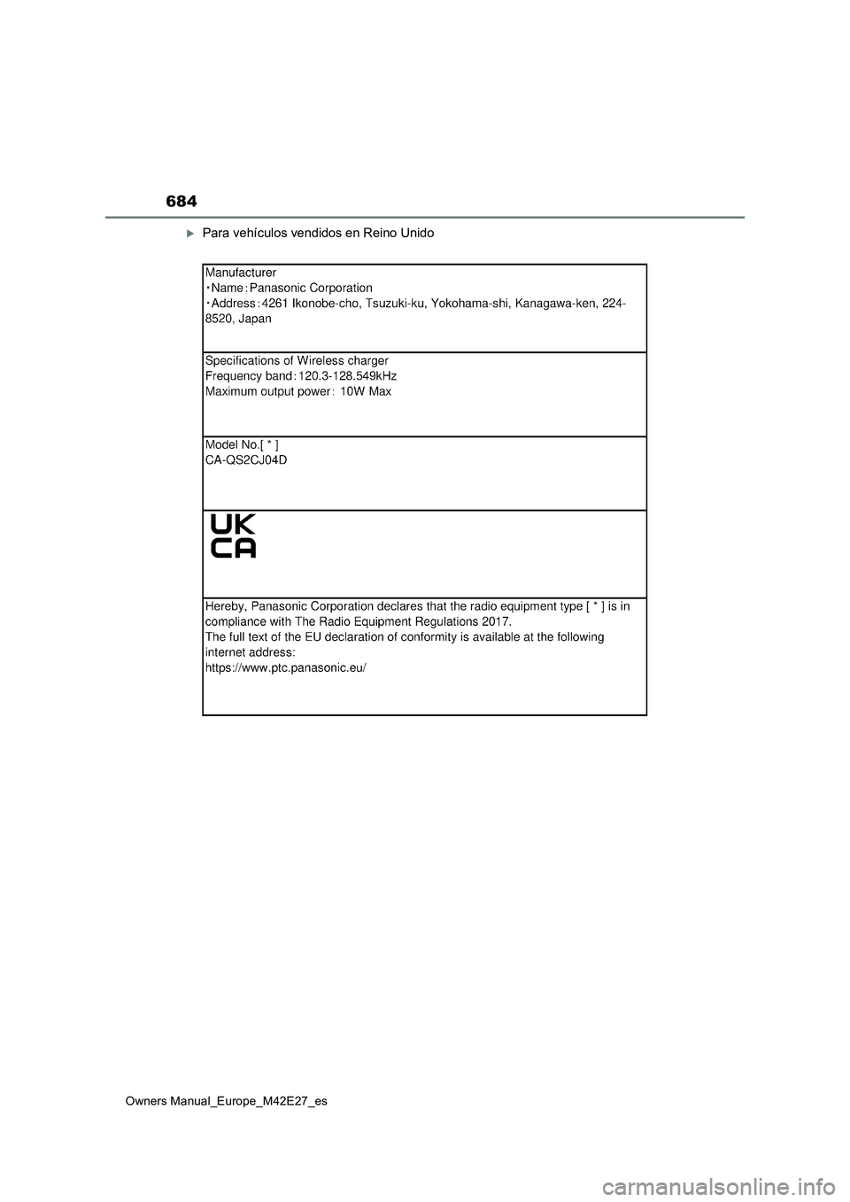 TOYOTA BZ4X 2022 Manuale de Empleo (in Spanish) 684
Owners Manual_Europe_M42E27_es
Para vehículos vendidos en Reino Unido TOYOTA BZ4X 2022 Manuale de Empleo (in Spanish) 684
Owners Manual_Europe_M42E27_es
Para vehículos vendidos en Reino Unido