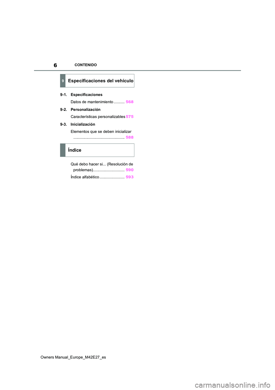 TOYOTA BZ4X 2022  Manuale de Empleo (in Spanish) 6
Owners Manual_Europe_M42E27_es
CONTENIDO
9-1. Especificaciones 
Datos de mantenimiento .......... 568 
9-2. Personalización 
Características personalizables 575 
9-3. Inicialización 
Elementos qu