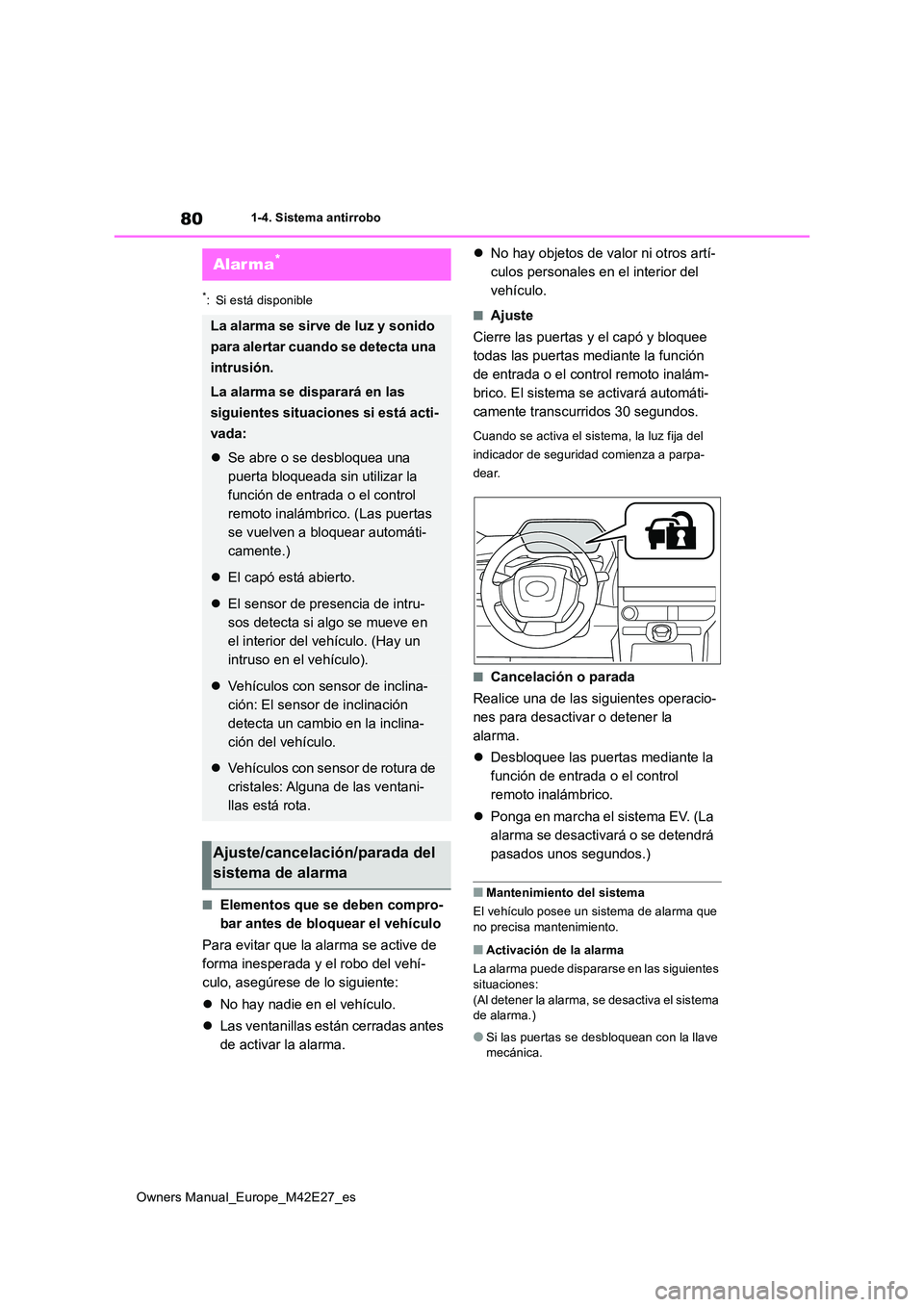 TOYOTA BZ4X 2022 Manuale de Empleo (in Spanish) 80
Owners Manual_Europe_M42E27_es
1-4. Sistema antirrobo
*: Si está disponible
■Elementos que se deben compro-
bar antes de bloquear el vehículo
Para evitar que la alarma se active de
forma in TOYOTA BZ4X 2022 Manuale de Empleo (in Spanish) 80
Owners Manual_Europe_M42E27_es
1-4. Sistema antirrobo
*: Si está disponible
■Elementos que se deben compro-
bar antes de bloquear el vehículo
Para evitar que la alarma se active de
forma in