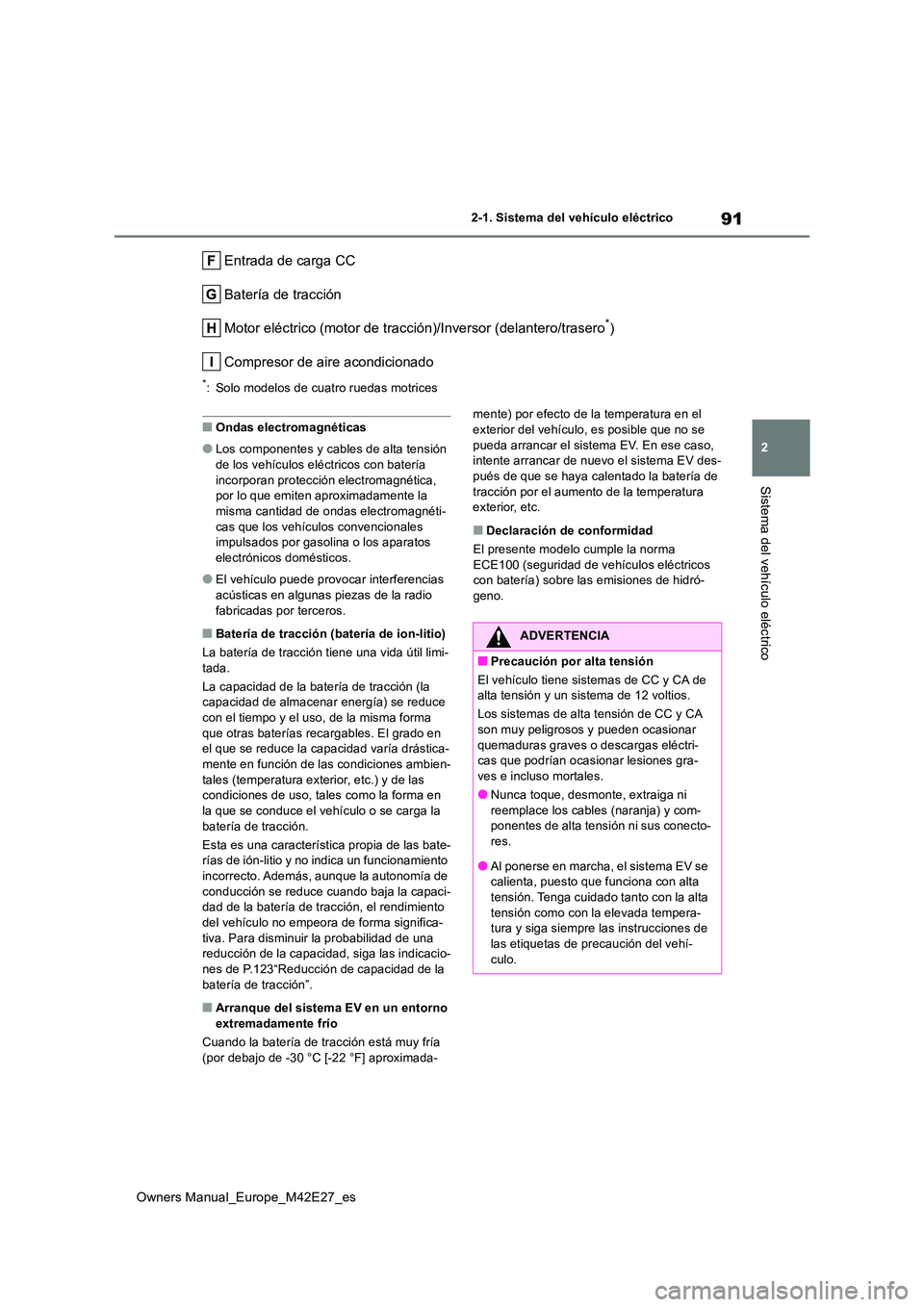 TOYOTA BZ4X 2022  Manuale de Empleo (in Spanish) 91
2
Owners Manual_Europe_M42E27_es
2-1. Sistema del vehículo eléctrico
Sistema del vehículo eléctrico
Entrada de carga CC 
Batería de tracción
Motor eléctrico (motor de tracción)/Inversor (de