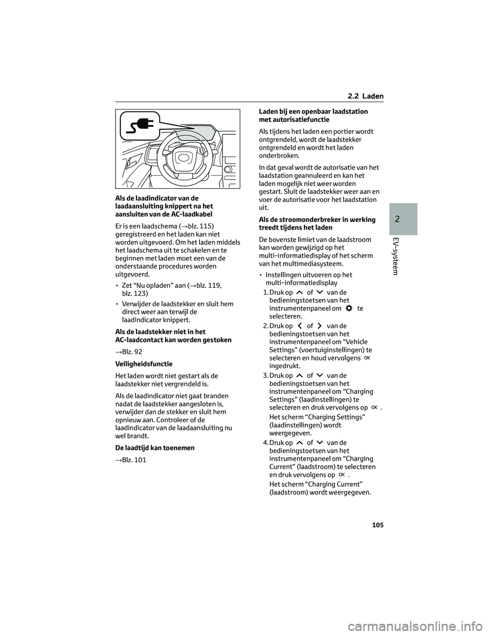 TOYOTA BZ4X 2022 Instructieboekje (in Dutch) Als de laadindicator van de
laadaansluiting knippert na het
aansluiten van de AC-laadkabel
Er is een laadschema (→blz. 115)
geregistreerd en het laden kan niet
worden uitgevoerd. Om het laden middel TOYOTA BZ4X 2022 Instructieboekje (in Dutch) Als de laadindicator van de
laadaansluiting knippert na het
aansluiten van de AC-laadkabel
Er is een laadschema (→blz. 115)
geregistreerd en het laden kan niet
worden uitgevoerd. Om het laden middel
