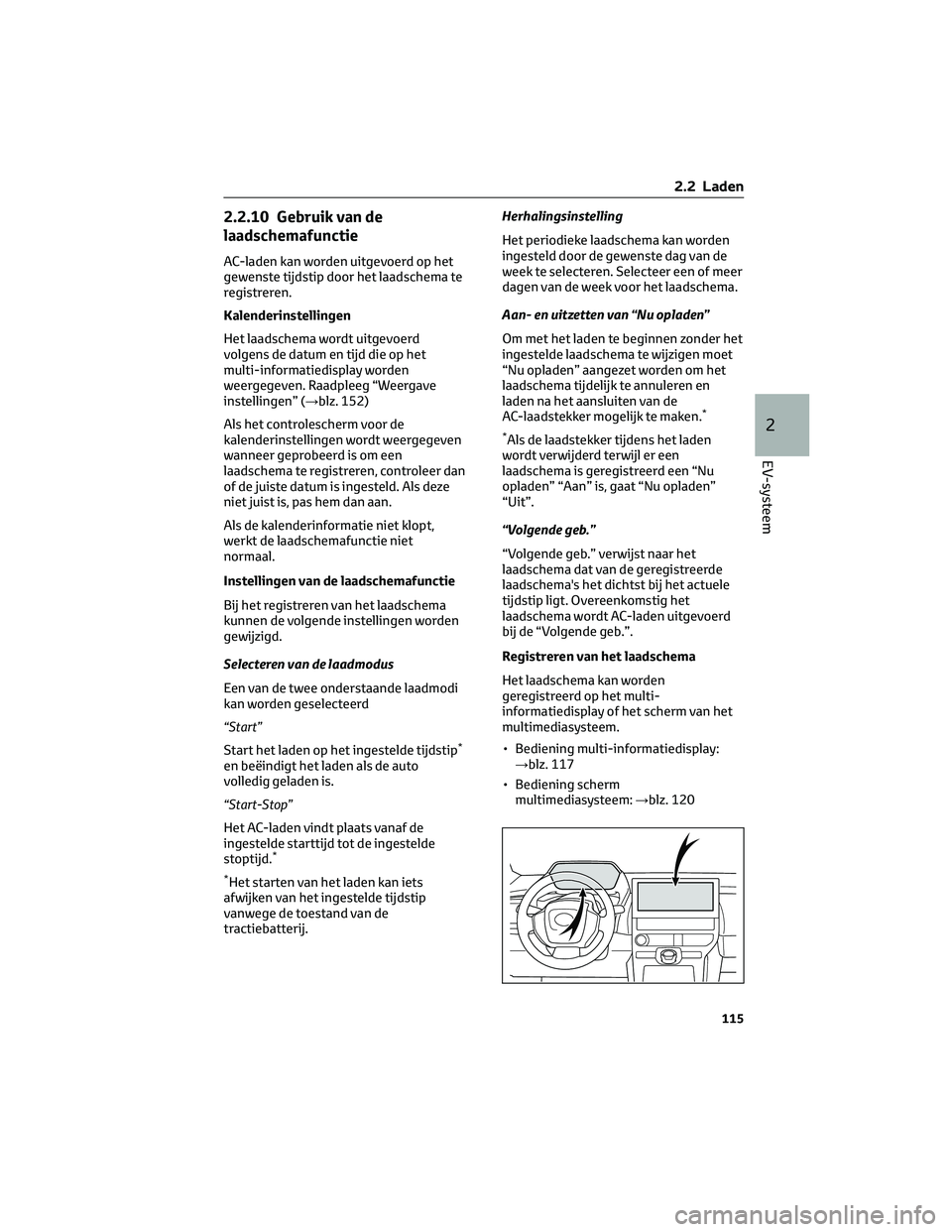 TOYOTA BZ4X 2022  Instructieboekje (in Dutch) 2.2.10 Gebruik van de
laadschemafunctie
AC-laden kan worden uitgevoerd op het
gewenste tijdstip door het laadschema te
registreren.
Kalenderinstellingen
Het laadschema wordt uitgevoerd
volgens de datu