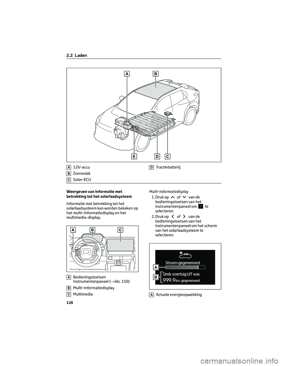 TOYOTA BZ4X 2022 Instructieboekje (in Dutch) A12V-accu
BZonnedak
CSolar-ECU
DTractiebatterij
Weergeven van informatie met
betrekking tot het solarlaadsysteem
Informatie met betrekking tot het
solarlaadsysteem kan worden bekeken op
het multi-info TOYOTA BZ4X 2022 Instructieboekje (in Dutch) A12V-accu
BZonnedak
CSolar-ECU
DTractiebatterij
Weergeven van informatie met
betrekking tot het solarlaadsysteem
Informatie met betrekking tot het
solarlaadsysteem kan worden bekeken op
het multi-info