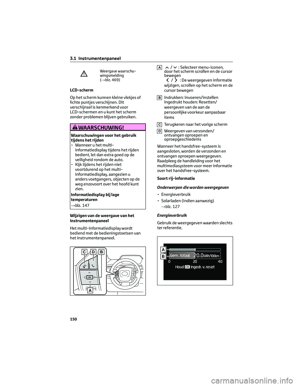 TOYOTA BZ4X 2022 Instructieboekje (in Dutch) Weergave waarschu-
wingsmelding
(→blz. 469)
LCD-scherm
Op het scherm kunnen kleine vlekjes of
lichte puntjes verschijnen. Dit
verschijnsel is kenmerkend voor
LCD-schermen en u kunt het scherm
zonder TOYOTA BZ4X 2022 Instructieboekje (in Dutch) Weergave waarschu-
wingsmelding
(→blz. 469)
LCD-scherm
Op het scherm kunnen kleine vlekjes of
lichte puntjes verschijnen. Dit
verschijnsel is kenmerkend voor
LCD-schermen en u kunt het scherm
zonder