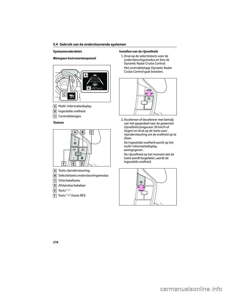 TOYOTA BZ4X 2022 Instructieboekje (in Dutch) Systeemonderdelen
Weergave instrumentenpaneel
AMulti-informatiedisplay
BIngestelde snelheid
CControlelampjes
Toetsen
AToets rijondersteuning
BSelectietoets ondersteuningsmodus
CUitschakeltoets
DAfstan TOYOTA BZ4X 2022 Instructieboekje (in Dutch) Systeemonderdelen
Weergave instrumentenpaneel
AMulti-informatiedisplay
BIngestelde snelheid
CControlelampjes
Toetsen
AToets rijondersteuning
BSelectietoets ondersteuningsmodus
CUitschakeltoets
DAfstan