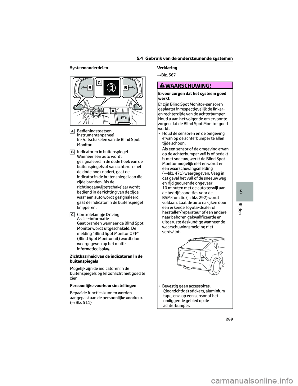 TOYOTA BZ4X 2022 Instructieboekje (in Dutch) Systeemonderdelen
ABedieningstoetsen
instrumentenpaneel
In-/uitschakelen van de Blind Spot
Monitor.
BIndicatoren in buitenspiegel
Wanneer een auto wordt
gesignaleerd in de dode hoek van de
buitenspieg TOYOTA BZ4X 2022 Instructieboekje (in Dutch) Systeemonderdelen
ABedieningstoetsen
instrumentenpaneel
In-/uitschakelen van de Blind Spot
Monitor.
BIndicatoren in buitenspiegel
Wanneer een auto wordt
gesignaleerd in de dode hoek van de
buitenspieg