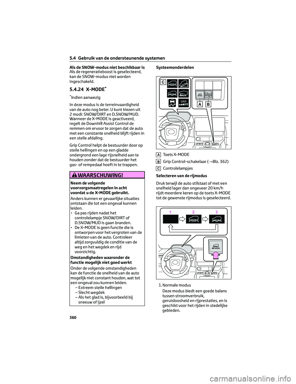 TOYOTA BZ4X 2022  Instructieboekje (in Dutch) Als de SNOW-modus niet beschikbaar is
Als de regeneratieboost is geselecteerd,
kan de SNOW-modus niet worden
ingeschakeld.
5.4.24 X-MODE*
*Indien aanwezig
In deze modus is de terreinvaardigheid
van de
