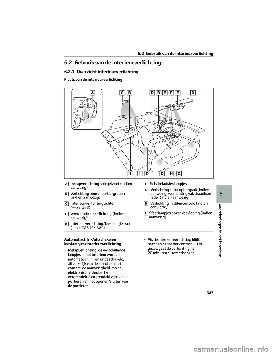 TOYOTA BZ4X 2022  Instructieboekje (in Dutch) 6.2 Gebruik van de interieurverlichting
6.2.1 Overzicht interieurverlichting
Plaats van de interieurverlichting
AInstapverlichting spiegelvoet (indien
aanwezig)
BVerlichting binnenportiergrepen
(indie