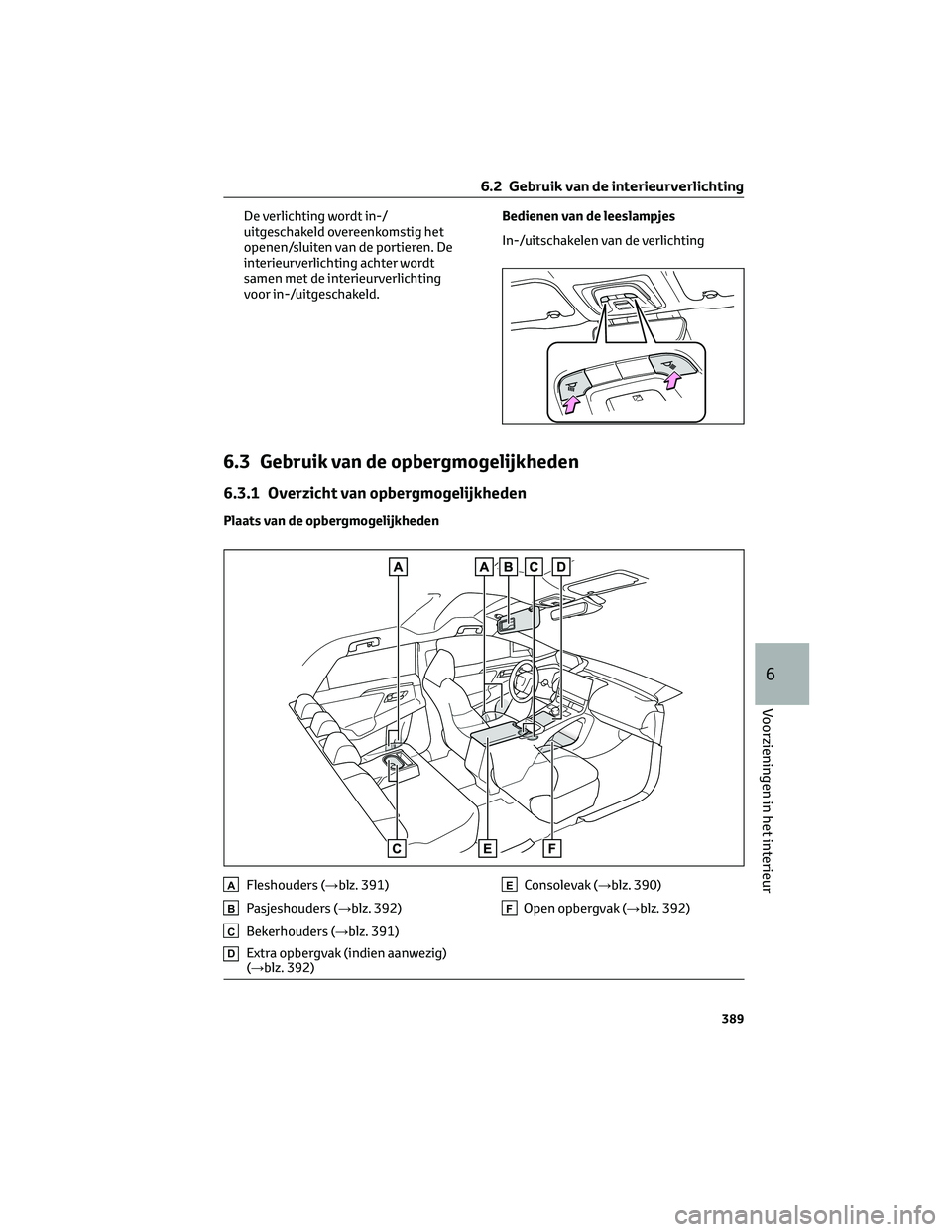 TOYOTA BZ4X 2022  Instructieboekje (in Dutch) De verlichting wordt in-/
uitgeschakeld overeenkomstig het
openen/sluiten van de portieren. De
interieurverlichting achter wordt
samen met de interieurverlichting
voor in-/uitgeschakeld.Bedienen van d