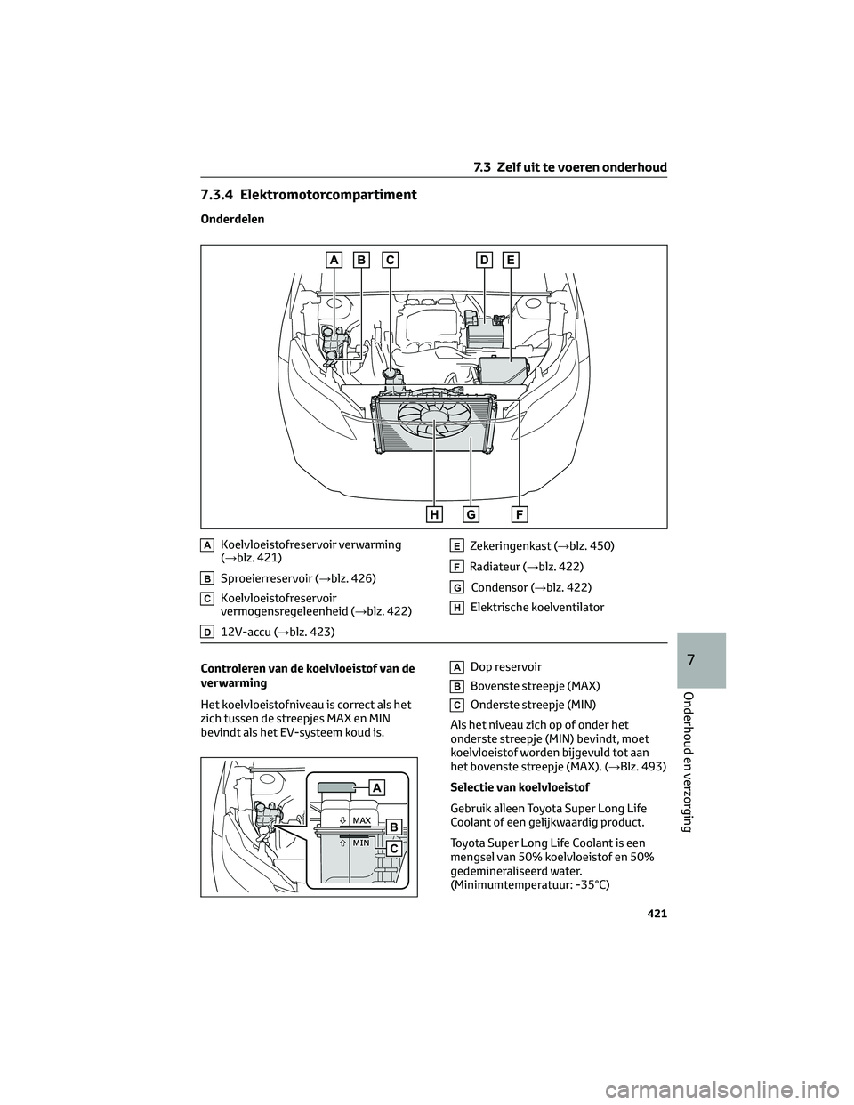 TOYOTA BZ4X 2022  Instructieboekje (in Dutch) 7.3.4 Elektromotorcompartiment
Onderdelen
AKoelvloeistofreservoir verwarming
(→blz. 421)
BSproeierreservoir (→blz. 426)
CKoelvloeistofreservoir
vermogensregeleenheid (→blz. 422)
D12V-accu (→bl