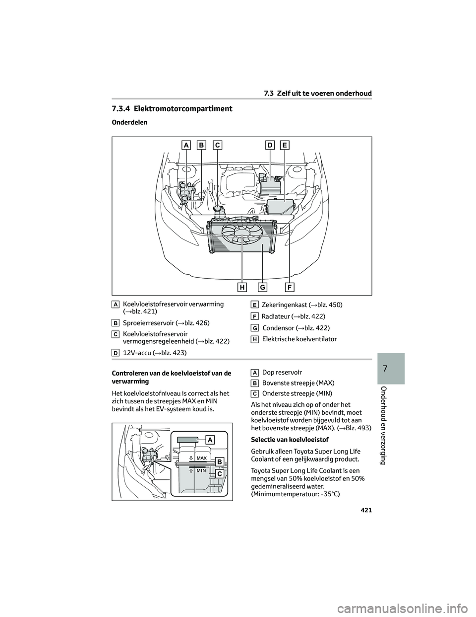 TOYOTA BZ4X 2022 Instructieboekje (in Dutch) 7.3.4 Elektromotorcompartiment
Onderdelen
AKoelvloeistofreservoir verwarming
(→blz. 421)
BSproeierreservoir (→blz. 426)
CKoelvloeistofreservoir
vermogensregeleenheid (→blz. 422)
D12V-accu (→bl TOYOTA BZ4X 2022 Instructieboekje (in Dutch) 7.3.4 Elektromotorcompartiment
Onderdelen
AKoelvloeistofreservoir verwarming
(→blz. 421)
BSproeierreservoir (→blz. 426)
CKoelvloeistofreservoir
vermogensregeleenheid (→blz. 422)
D12V-accu (→bl