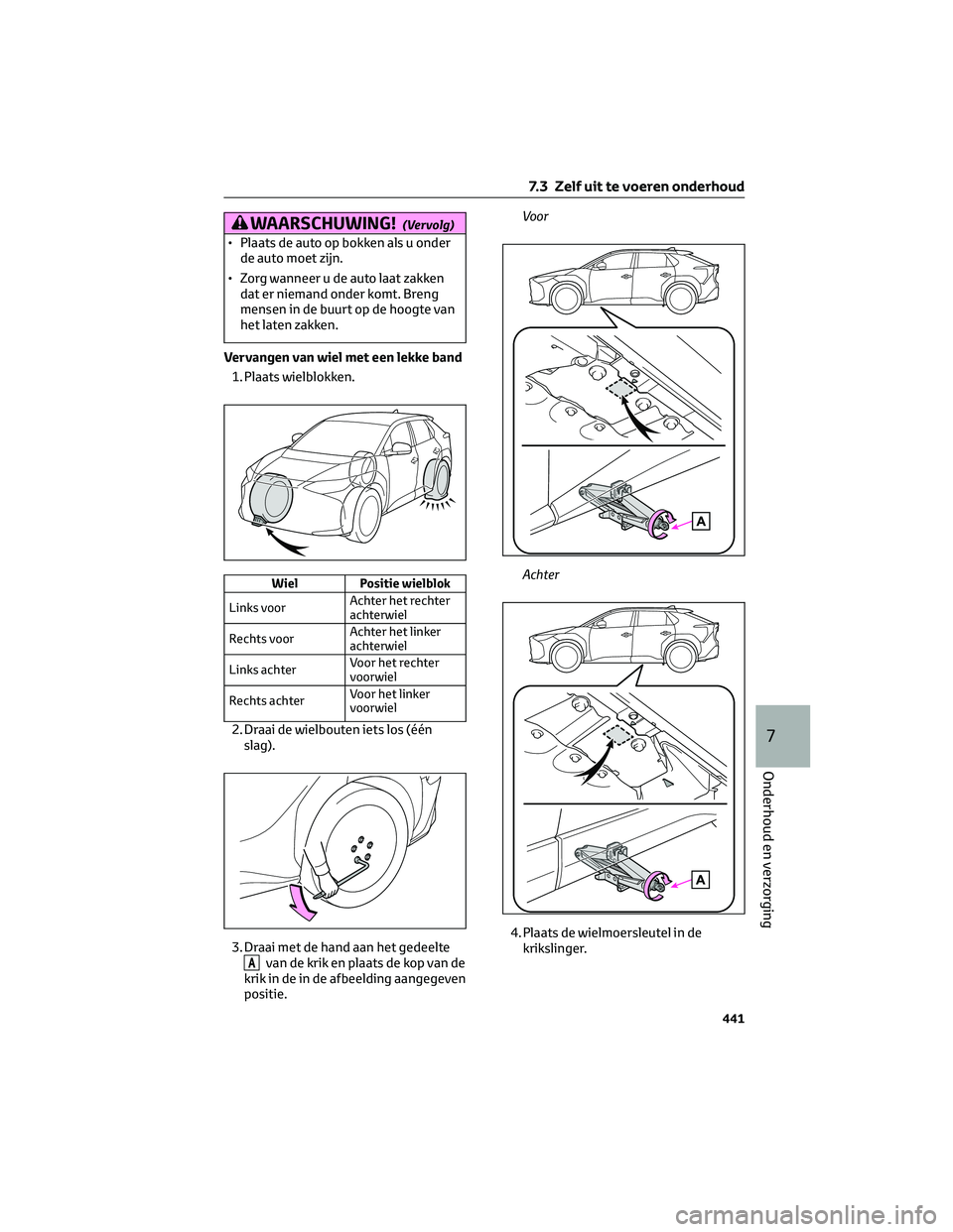 TOYOTA BZ4X 2022 Instructieboekje (in Dutch) WAARSCHUWING!(Vervolg)
• Plaats de auto op bokken als u onderde auto moet zijn.
• Zorg wanneer u de auto laat zakken dat er niemand onder komt. Breng
mensen in de buurt op de hoogte van
het laten TOYOTA BZ4X 2022 Instructieboekje (in Dutch) WAARSCHUWING!(Vervolg)
• Plaats de auto op bokken als u onderde auto moet zijn.
• Zorg wanneer u de auto laat zakken dat er niemand onder komt. Breng
mensen in de buurt op de hoogte van
het laten