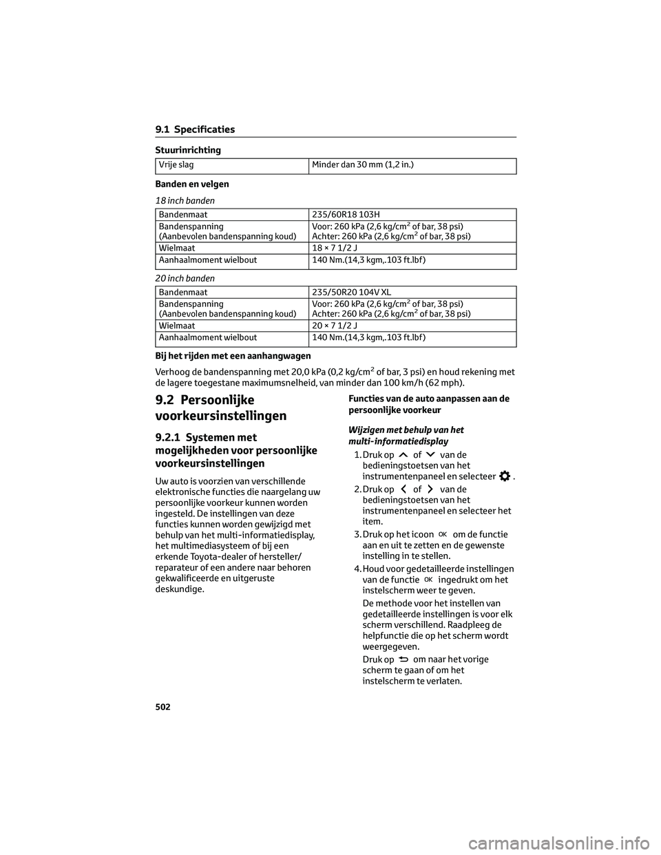 TOYOTA BZ4X 2022 Instructieboekje (in Dutch) Stuurinrichting
Vrije slagMinder dan 30 mm (1,2 in.)
Banden en velgen
18 inch banden
Bandenmaat 235/60R18 103H
Bandenspanning
(Aanbevolen bandenspanning koud) Voor: 260 kPa (2,6 kg/cm2of bar, 38 psi)
TOYOTA BZ4X 2022 Instructieboekje (in Dutch) Stuurinrichting
Vrije slagMinder dan 30 mm (1,2 in.)
Banden en velgen
18 inch banden
Bandenmaat 235/60R18 103H
Bandenspanning
(Aanbevolen bandenspanning koud) Voor: 260 kPa (2,6 kg/cm2of bar, 38 psi)