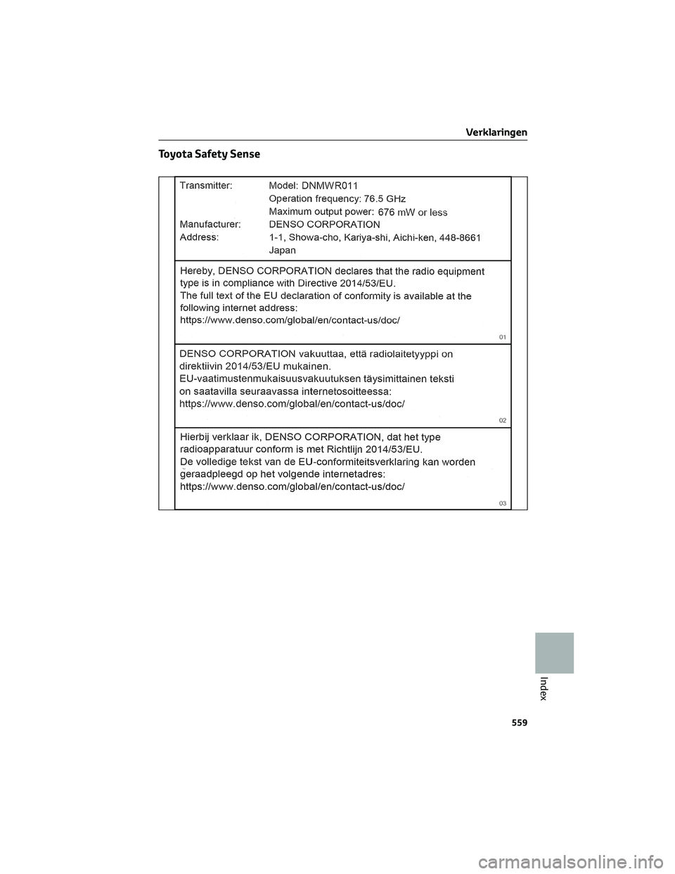 TOYOTA BZ4X 2022  Instructieboekje (in Dutch) Toyota Safety Sense
Verklaringen
559
Index 