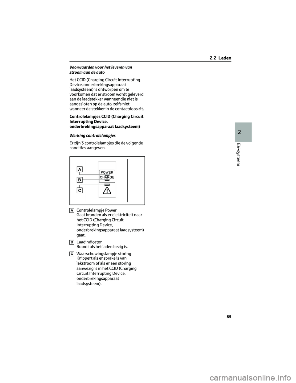 TOYOTA BZ4X 2022 Instructieboekje (in Dutch) Voorwaarden voor het leveren van
stroom aan de auto
Het CCID (Charging Circuit Interrupting
Device, onderbrekingsapparaat
laadsysteem) is ontworpen om te
voorkomen dat er stroom wordt geleverd
aan de TOYOTA BZ4X 2022 Instructieboekje (in Dutch) Voorwaarden voor het leveren van
stroom aan de auto
Het CCID (Charging Circuit Interrupting
Device, onderbrekingsapparaat
laadsysteem) is ontworpen om te
voorkomen dat er stroom wordt geleverd
aan de