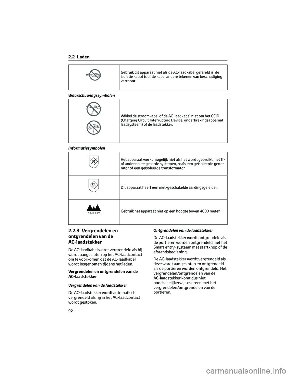 TOYOTA BZ4X 2022 Instructieboekje (in Dutch) Gebruik dit apparaat niet als de AC-laadkabel gerafeld is, de
isolatie kapot is of de kabel andere tekenen van beschadiging
vertoont.
Waarschuwingssymbolen
Wikkel de stroomkabel of de AC-laadkabel nie TOYOTA BZ4X 2022 Instructieboekje (in Dutch) Gebruik dit apparaat niet als de AC-laadkabel gerafeld is, de
isolatie kapot is of de kabel andere tekenen van beschadiging
vertoont.
Waarschuwingssymbolen
Wikkel de stroomkabel of de AC-laadkabel nie