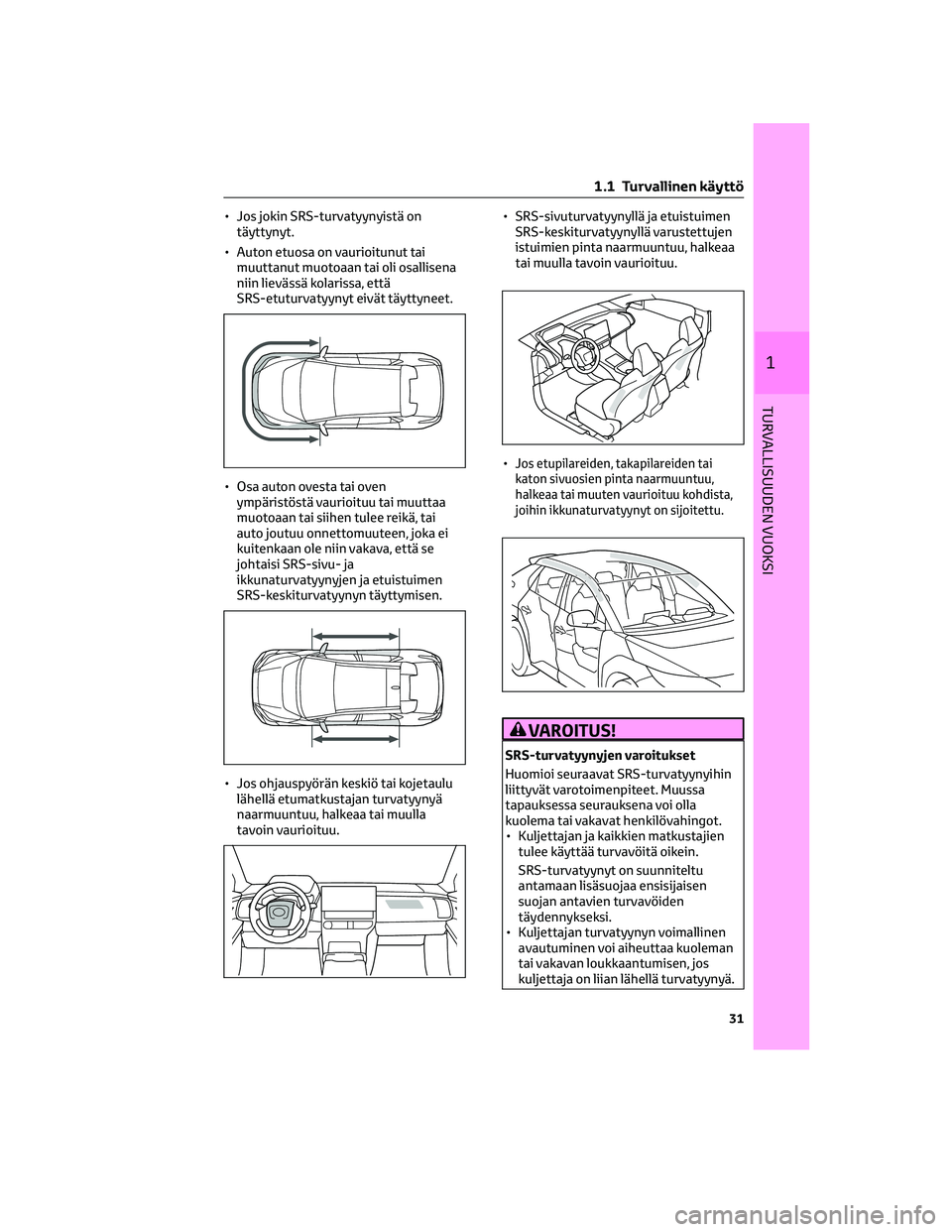 TOYOTA BZ4X 2022 Omistajan Käsikirja (in Finnish) • Jos jokin SRS-turvatyynyistä on
täyttynyt.
• Auton etuosa on vaurioitunut tai
muuttanut muotoaan tai oli osallisena
niin lievässä kolarissa, että
SRS-etuturvatyynyt eivät täyttyneet.
• TOYOTA BZ4X 2022 Omistajan Käsikirja (in Finnish) • Jos jokin SRS-turvatyynyistä on
täyttynyt.
• Auton etuosa on vaurioitunut tai
muuttanut muotoaan tai oli osallisena
niin lievässä kolarissa, että
SRS-etuturvatyynyt eivät täyttyneet.
•