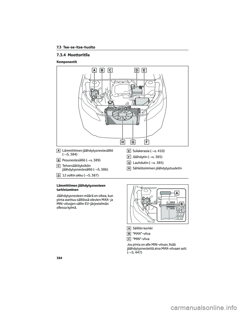 TOYOTA BZ4X 2022 Omistajan Käsikirja (in Finnish) 7.3.4 Moottoritila
Komponentit
ALämmittimen jäähdytysnestesäiliö
(→S. 384)
BPesunestesäiliö (→s. 389)
CTehonsäätöyksikön
jäähdytysnestesäiliö (→S. 386)
D12 voltin akku (→S. 387) TOYOTA BZ4X 2022 Omistajan Käsikirja (in Finnish) 7.3.4 Moottoritila
Komponentit
ALämmittimen jäähdytysnestesäiliö
(→S. 384)
BPesunestesäiliö (→s. 389)
CTehonsäätöyksikön
jäähdytysnestesäiliö (→S. 386)
D12 voltin akku (→S. 387)