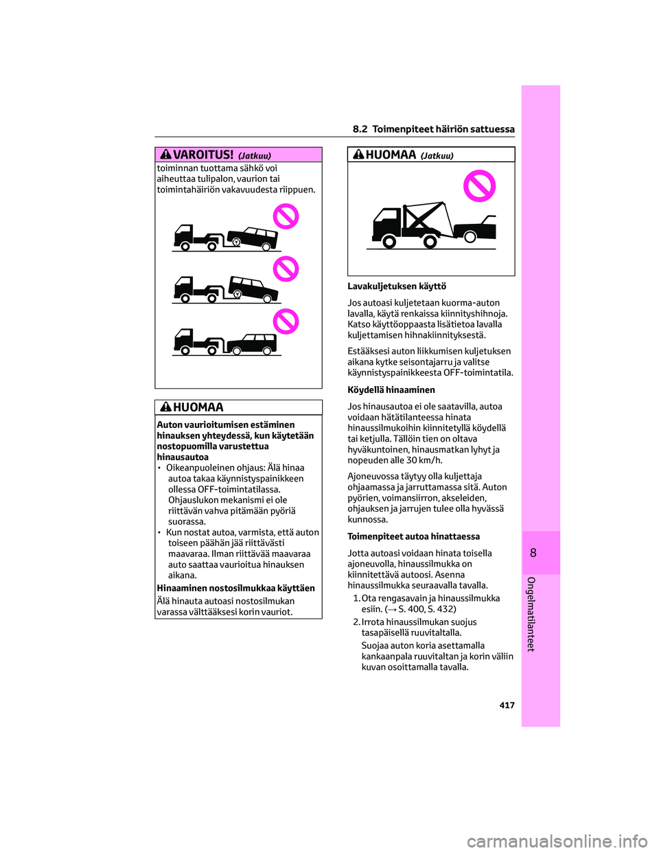 TOYOTA BZ4X 2022 Omistajan Käsikirja (in Finnish) VAROITUS!(Jatkuu)
toiminnan tuottama sähkö voi
aiheuttaa tulipalon, vaurion tai
toimintahäiriön vakavuudesta riippuen.
HUOMAA
Auton vaurioitumisen estäminen
hinauksen yhteydessä, kun käytetää TOYOTA BZ4X 2022 Omistajan Käsikirja (in Finnish) VAROITUS!(Jatkuu)
toiminnan tuottama sähkö voi
aiheuttaa tulipalon, vaurion tai
toimintahäiriön vakavuudesta riippuen.
HUOMAA
Auton vaurioitumisen estäminen
hinauksen yhteydessä, kun käytetää