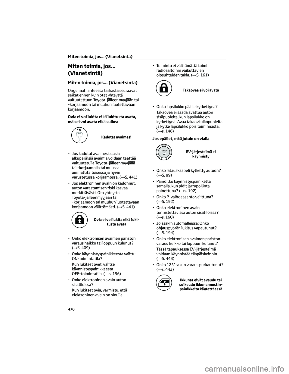 TOYOTA BZ4X 2022  Omistajan Käsikirja (in Finnish) Miten toimia, jos...
(Vianetsintä)
Miten toimia, jos... (Vianetsintä)
Ongelmatilanteessa tarkasta seuraavat
seikat ennen kuin otat yhteyttä
valtuutettuun Toyota-jälleenmyyjään tai
-korjaamoon ta