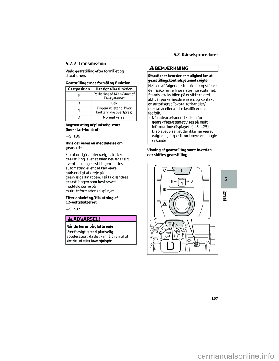 TOYOTA BZ4X 2022  Brugsanvisning (in Danish) 5.2.2 Transmission
Vælg gearstilling efter formålet og
situationen.
Gearstillingernes formål og funktion
Gearposition Hensigt eller funktion
PParkering af bilen/start af
EV-systemet
R Bak
NFrigear 