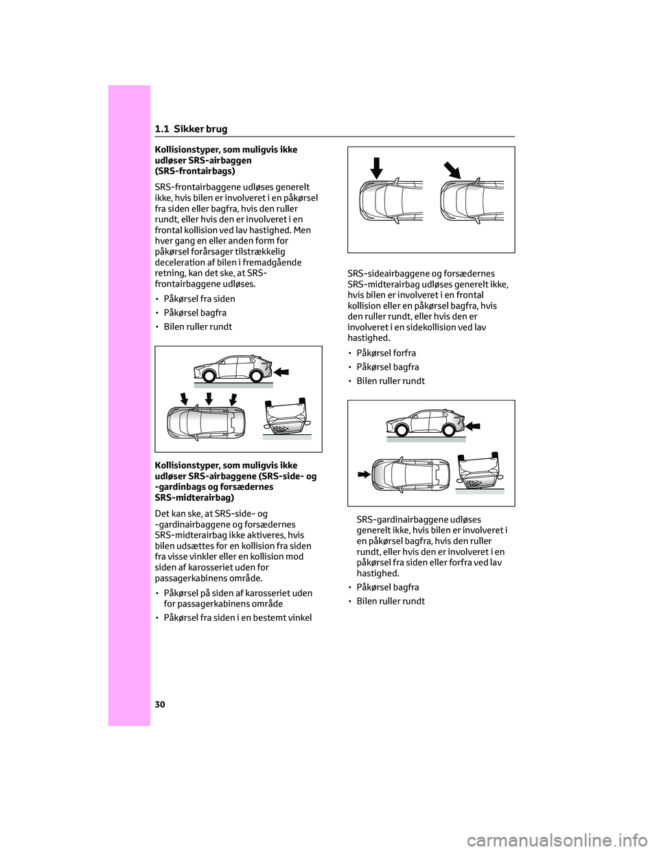 TOYOTA BZ4X 2022 Brugsanvisning (in Danish) Kollisionstyper, som muligvis ikke
udløser SRS-airbaggen
(SRS-frontairbags)
SRS-frontairbaggene udløses generelt
ikke, hvis bilen er involveret i en påkørsel
fra siden eller bagfra, hvis den rulle TOYOTA BZ4X 2022 Brugsanvisning (in Danish) Kollisionstyper, som muligvis ikke
udløser SRS-airbaggen
(SRS-frontairbags)
SRS-frontairbaggene udløses generelt
ikke, hvis bilen er involveret i en påkørsel
fra siden eller bagfra, hvis den rulle