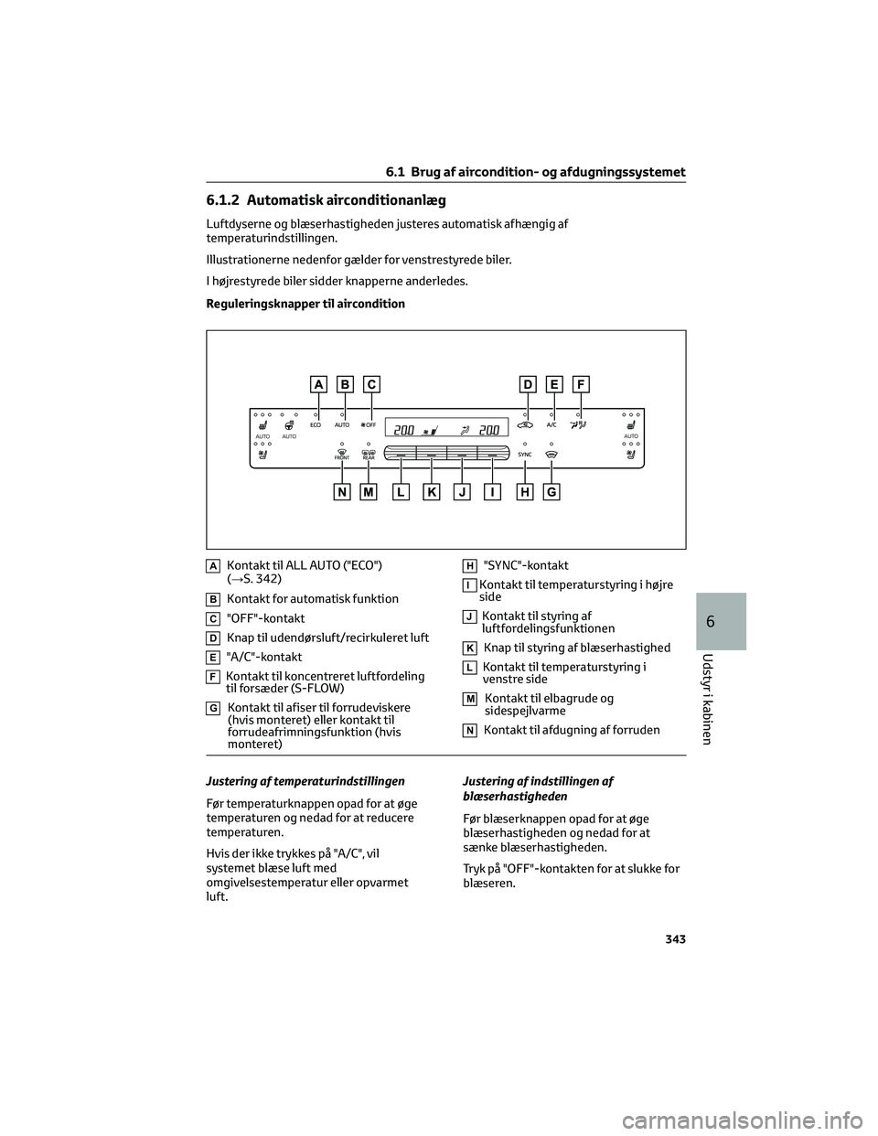 TOYOTA BZ4X 2022  Brugsanvisning (in Danish) 6.1.2 Automatisk airconditionanlæg
Luftdyserne og blæserhastigheden justeres automatisk afhængig af
temperaturindstillingen.
Illustrationerne nedenfor gælder for venstrestyrede biler.
I højrestyr