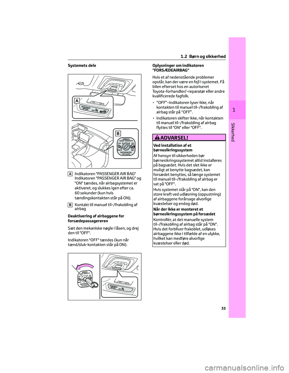 TOYOTA BZ4X 2022 Brugsanvisning (in Danish) Systemets dele
AIndikatoren "PASSENGER AIR BAG"
Indikatoren "PASSENGER AIR BAG" og
"ON" tændes, når airbagsystemet er
aktiveret, og slukkes igen efter ca.
60 sekunder (kun hv TOYOTA BZ4X 2022 Brugsanvisning (in Danish) Systemets dele
AIndikatoren "PASSENGER AIR BAG"
Indikatoren "PASSENGER AIR BAG" og
"ON" tændes, når airbagsystemet er
aktiveret, og slukkes igen efter ca.
60 sekunder (kun hv