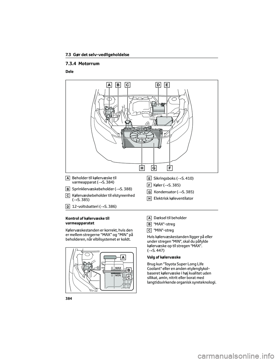 TOYOTA BZ4X 2022  Brugsanvisning (in Danish) 7.3.4 Motorrum
Dele
ABeholder til kølervæske til
varmeapparat (→S. 384)
BSprinklervæskebeholder (→S. 388)
CKølervæskebeholder til elstyreenhed
(→S. 385)
D12-voltsbatteri (→S. 386)
ESikrin