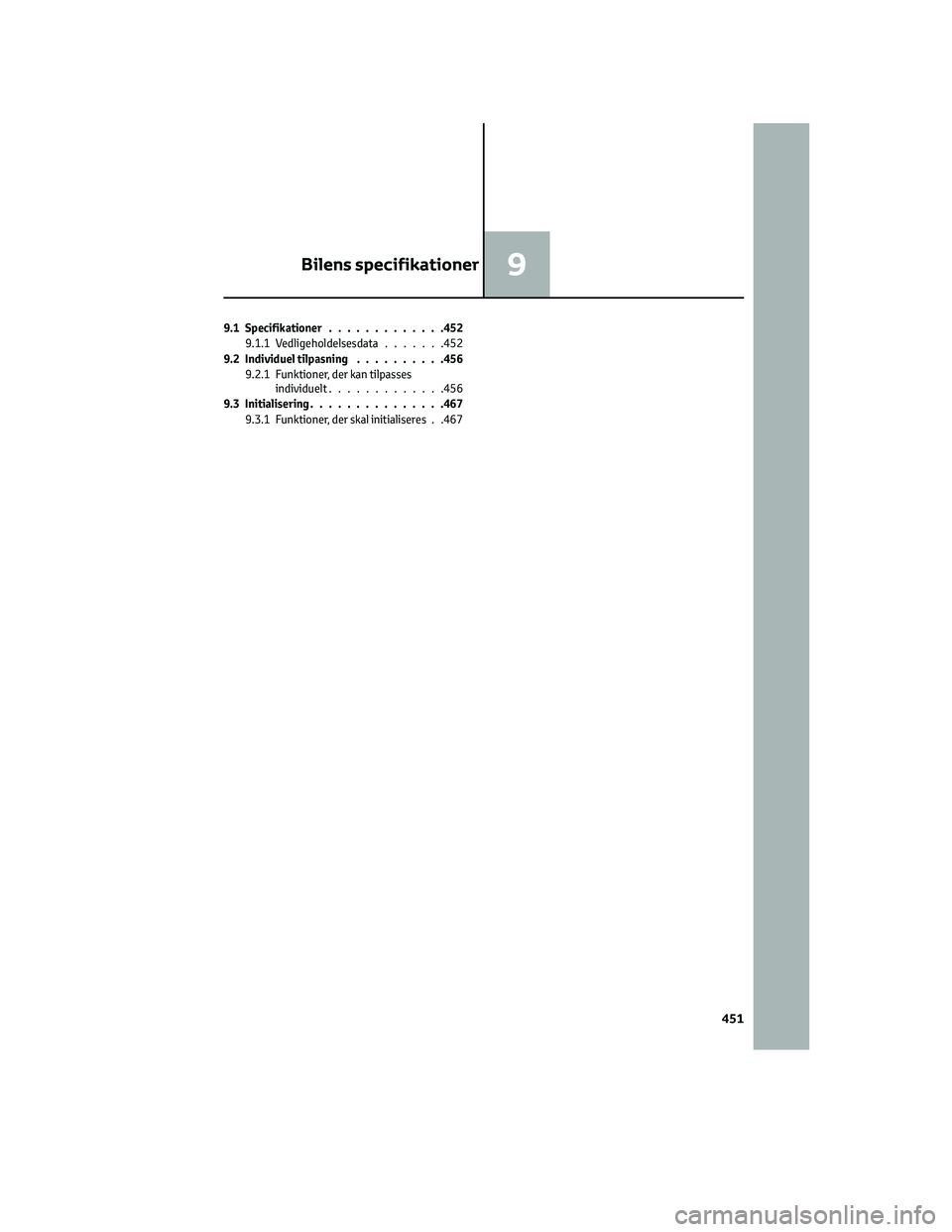 TOYOTA BZ4X 2022  Brugsanvisning (in Danish) 9.1 Specifikationer.............452
9.1.1 Vedligeholdelsesdata.......452
9.2 Individuel tilpasning..........456
9.2.1 Funktioner, der kan tilpasses
individuelt.............456
9.3 Initialisering...... TOYOTA BZ4X 2022  Brugsanvisning (in Danish) 9.1 Specifikationer.............452
9.1.1 Vedligeholdelsesdata.......452
9.2 Individuel tilpasning..........456
9.2.1 Funktioner, der kan tilpasses
individuelt.............456
9.3 Initialisering......
