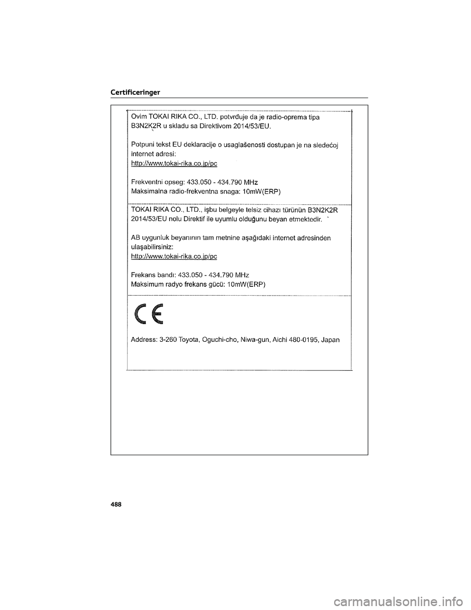 TOYOTA BZ4X 2022  Brugsanvisning (in Danish) Certificeringer
488 