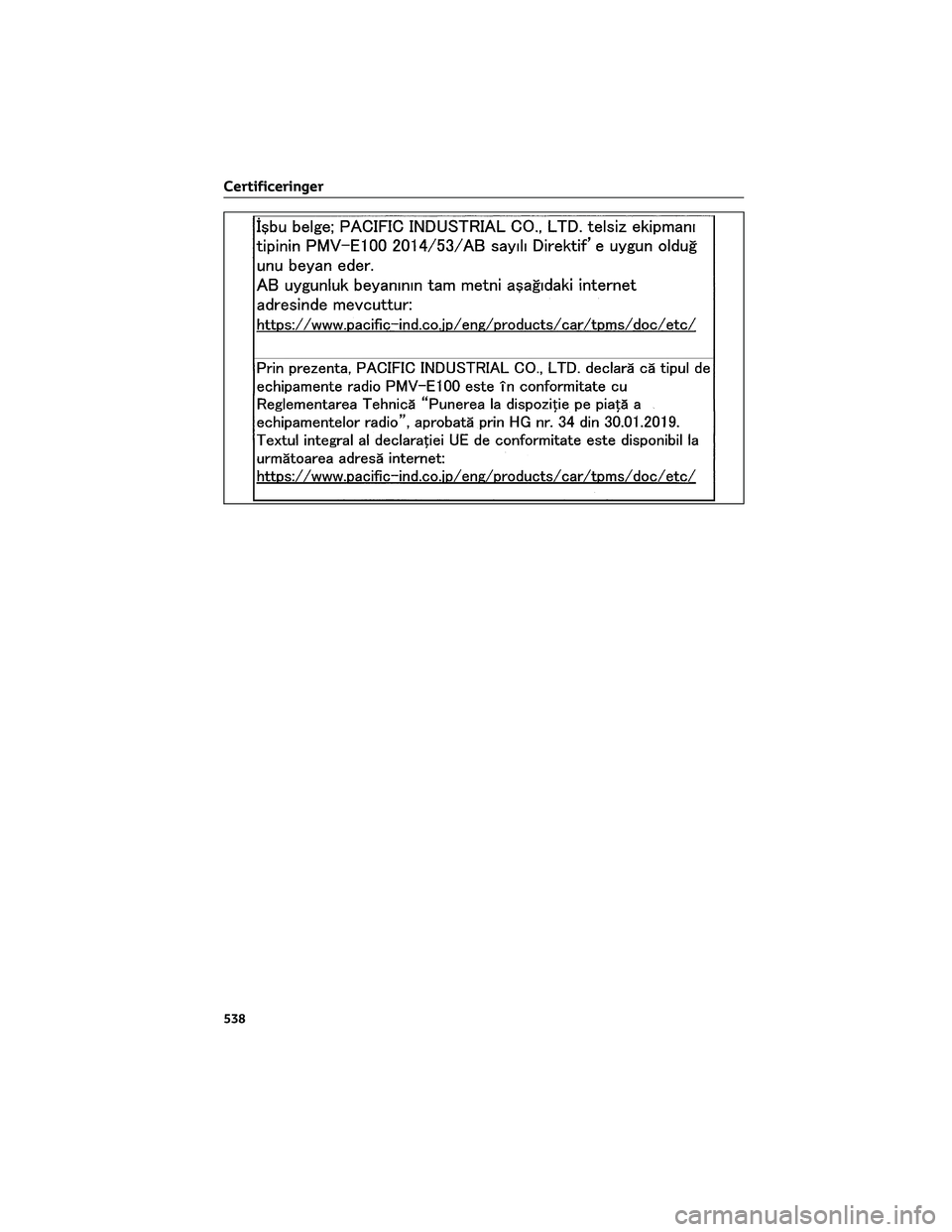 TOYOTA BZ4X 2022  Brugsanvisning (in Danish) Certificeringer
538 