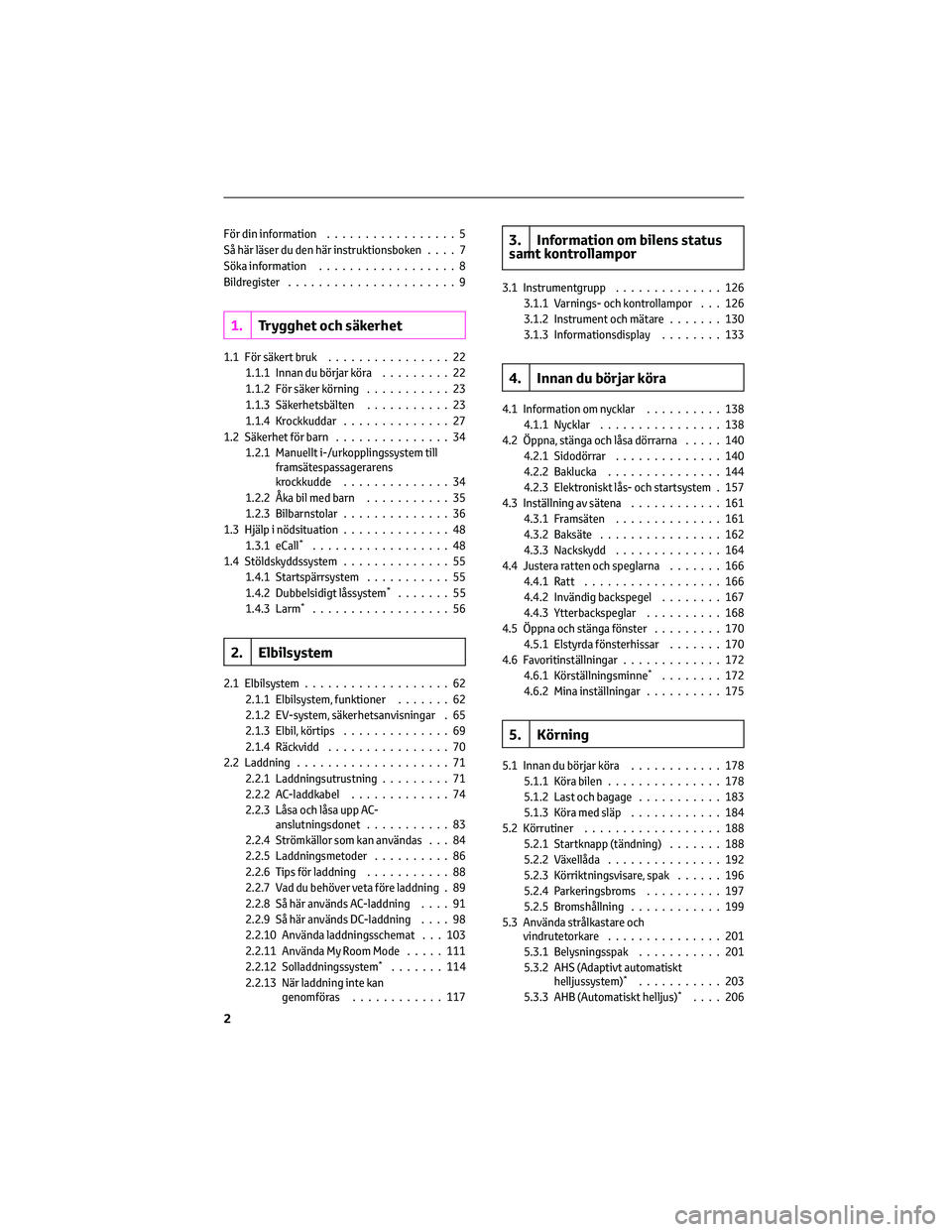TOYOTA BZ4X 2022 Bruksanvisningar (in Swedish) För din information.................5
Så här läser du den här instruktionsboken....7
Söka information..................8
Bildregister ......................9
1.Trygghet och säkerhet
1.1 För s TOYOTA BZ4X 2022 Bruksanvisningar (in Swedish) För din information.................5
Så här läser du den här instruktionsboken....7
Söka information..................8
Bildregister ......................9
1.Trygghet och säkerhet
1.1 För s