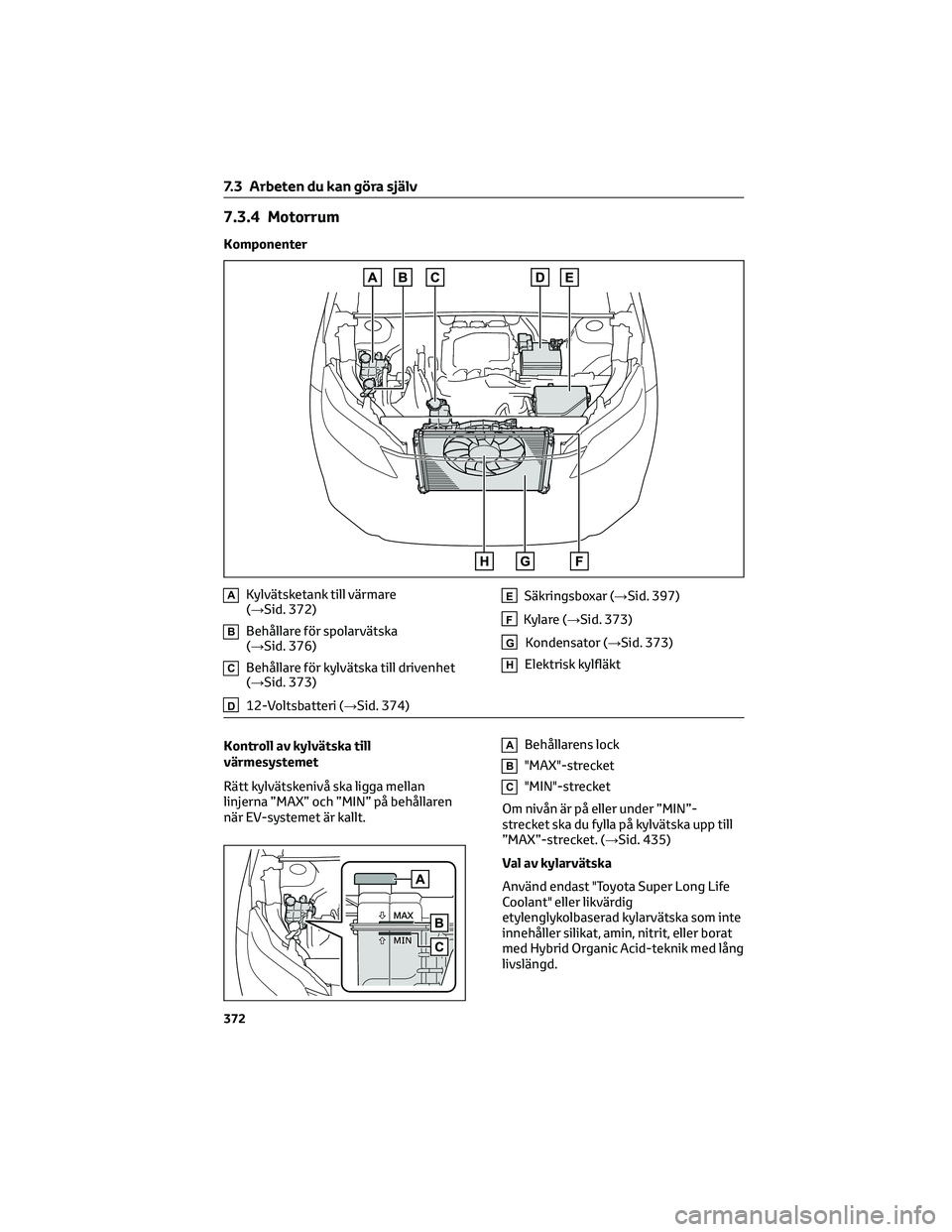 TOYOTA BZ4X 2022 Bruksanvisningar (in Swedish) 7.3.4 Motorrum
Komponenter
AKylvätsketank till värmare
(→Sid. 372)
BBehållare för spolarvätska
(→Sid. 376)
CBehållare för kylvätska till drivenhet
(→Sid. 373)
D12-Voltsbatteri (→Sid. 3 TOYOTA BZ4X 2022 Bruksanvisningar (in Swedish) 7.3.4 Motorrum
Komponenter
AKylvätsketank till värmare
(→Sid. 372)
BBehållare för spolarvätska
(→Sid. 376)
CBehållare för kylvätska till drivenhet
(→Sid. 373)
D12-Voltsbatteri (→Sid. 3
