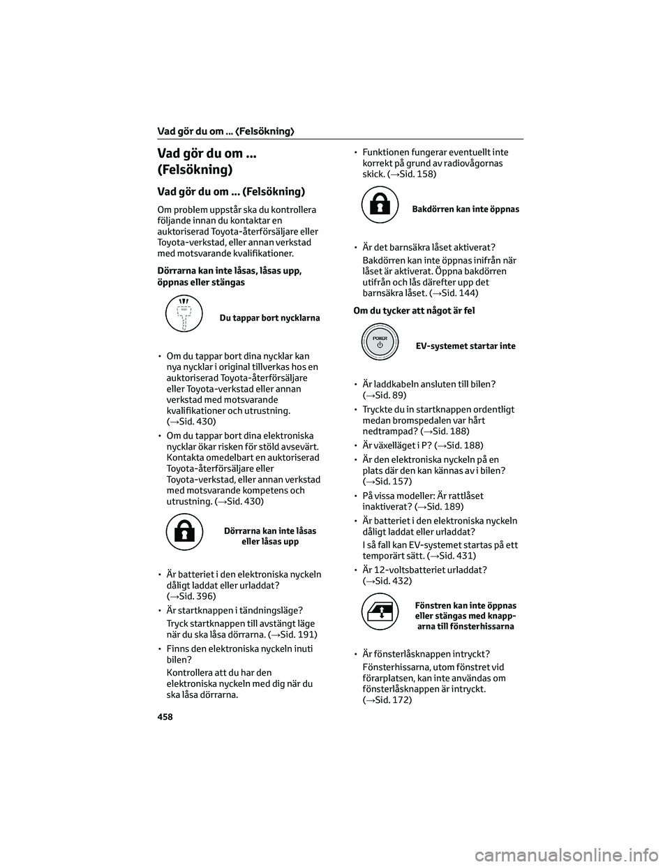 TOYOTA BZ4X 2022 Bruksanvisningar (in Swedish) Vad gör du om ...
(Felsökning)
Vad gör du om ... (Felsökning)
Om problem uppstår ska du kontrollera
följande innan du kontaktar en
auktoriserad Toyota-återförsäljare eller
Toyota-verkstad, el TOYOTA BZ4X 2022 Bruksanvisningar (in Swedish) Vad gör du om ...
(Felsökning)
Vad gör du om ... (Felsökning)
Om problem uppstår ska du kontrollera
följande innan du kontaktar en
auktoriserad Toyota-återförsäljare eller
Toyota-verkstad, el