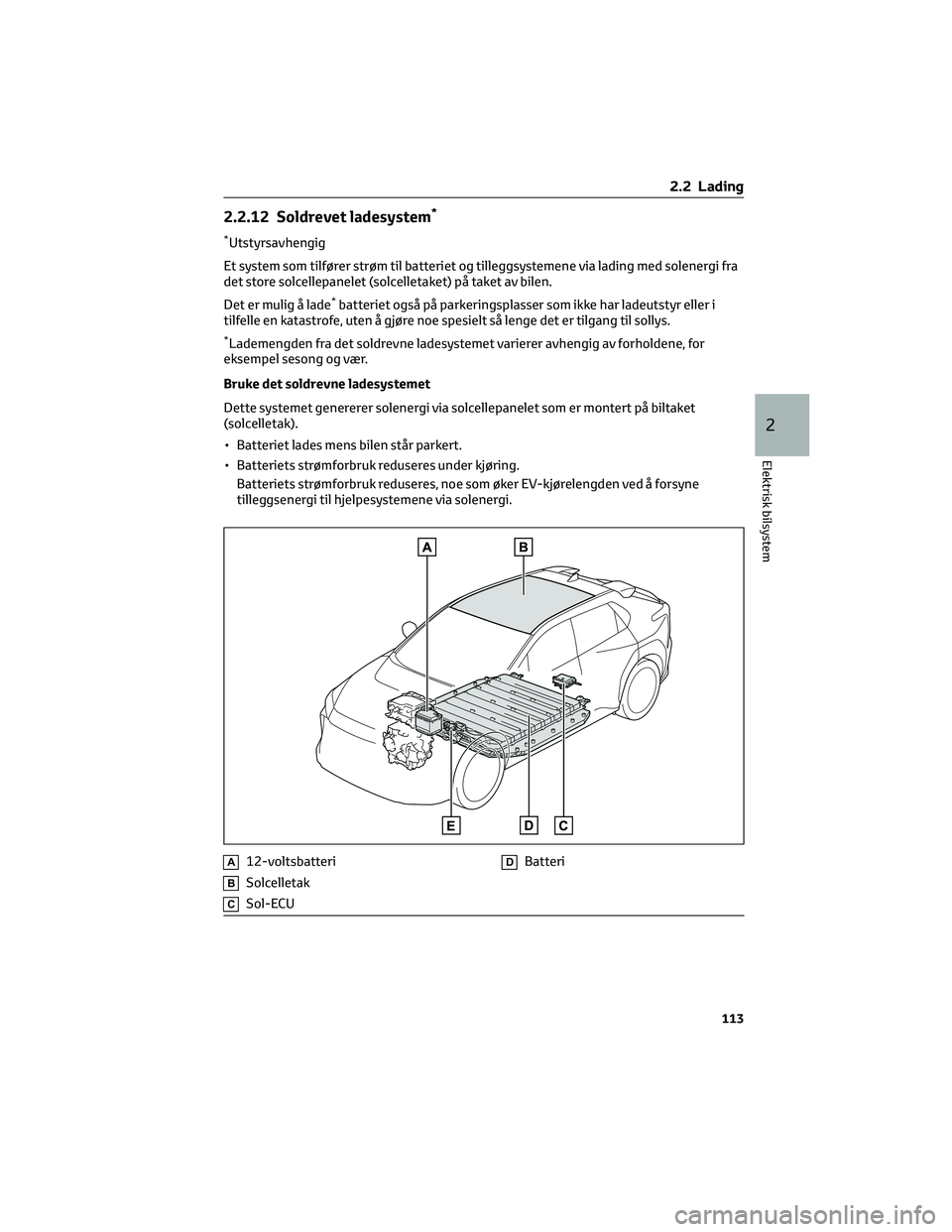 TOYOTA BZ4X 2022 Instruksjoner for bruk (in Norwegian) 2.2.12 Soldrevet ladesystem*
*Utstyrsavhengig
Et system som tilfører strøm til batteriet og tilleggsystemene via lading med solenergi fra
det store solcellepanelet (solcelletaket) på taket av bilen TOYOTA BZ4X 2022 Instruksjoner for bruk (in Norwegian) 2.2.12 Soldrevet ladesystem*
*Utstyrsavhengig
Et system som tilfører strøm til batteriet og tilleggsystemene via lading med solenergi fra
det store solcellepanelet (solcelletaket) på taket av bilen
