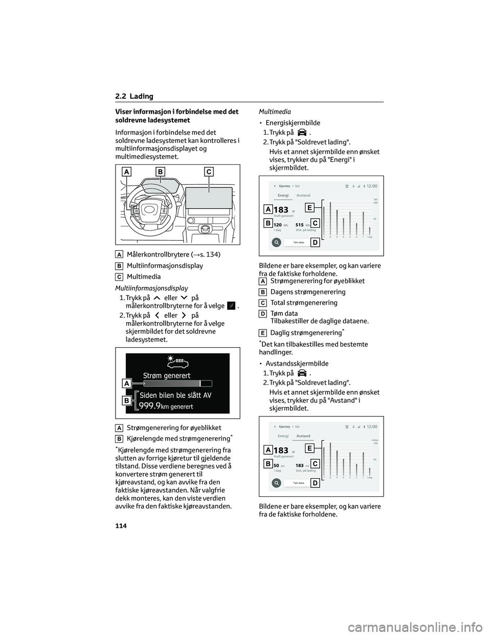 TOYOTA BZ4X 2022  Instruksjoner for bruk (in Norwegian) Viser informasjon i forbindelse med det
soldrevne ladesystemet
Informasjon i forbindelse med det
soldrevne ladesystemet kan kontrolleres i
multiinformasjonsdisplayet og
multimediesystemet.
AMålerkont