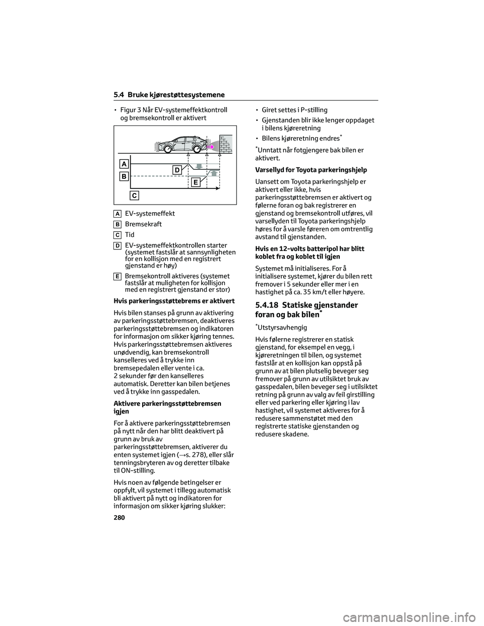 TOYOTA BZ4X 2022  Instruksjoner for bruk (in Norwegian) • Figur 3 Når EV-systemeffektkontroll
og bremsekontroll er aktivert
AEV-systemeffekt
BBremsekraft
CTid
DEV-systemeffektkontrollen starter
(systemet fastslår at sannsynligheten
for en kollisjon med