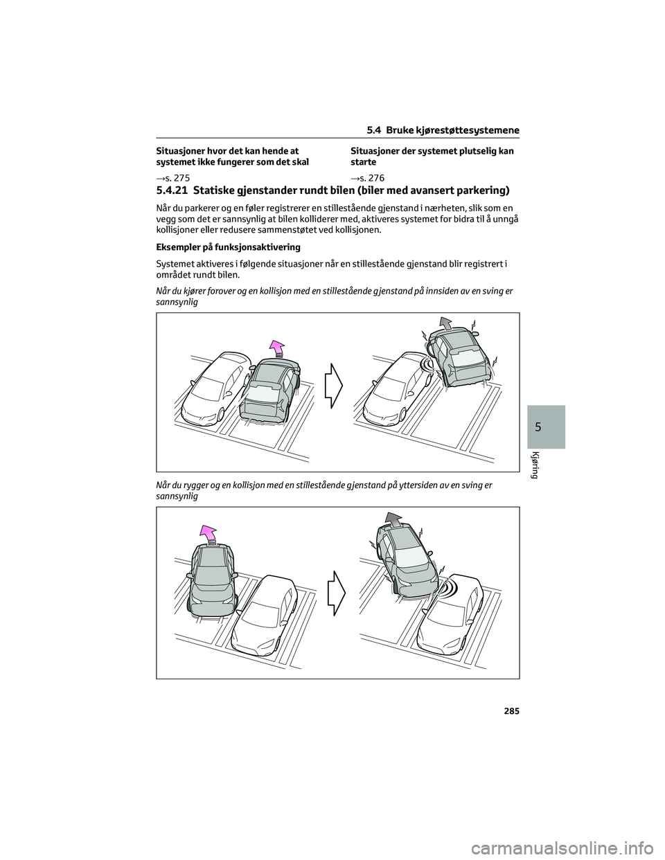 TOYOTA BZ4X 2022 Instruksjoner for bruk (in Norwegian) Situasjoner hvor det kan hende at
systemet ikke fungerer som det skal
→s. 275Situasjoner der systemet plutselig kan
starte
→s. 276
5.4.21 Statiske gjenstander rundt bilen (biler med avansert parke TOYOTA BZ4X 2022 Instruksjoner for bruk (in Norwegian) Situasjoner hvor det kan hende at
systemet ikke fungerer som det skal
→s. 275Situasjoner der systemet plutselig kan
starte
→s. 276
5.4.21 Statiske gjenstander rundt bilen (biler med avansert parke