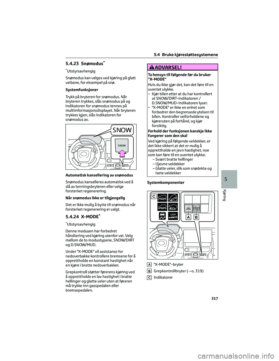 TOYOTA BZ4X 2022 Instruksjoner for bruk (in Norwegian) 5.4.23 Snømodus*
*Utstyrsavhengig
Snømodus kan velges ved kjøring på glatt
veibane, for eksempel på snø.
Systemfunksjoner
Trykk på bryteren for snømodus. Når
bryteren trykkes, slås snømodus TOYOTA BZ4X 2022 Instruksjoner for bruk (in Norwegian) 5.4.23 Snømodus*
*Utstyrsavhengig
Snømodus kan velges ved kjøring på glatt
veibane, for eksempel på snø.
Systemfunksjoner
Trykk på bryteren for snømodus. Når
bryteren trykkes, slås snømodus