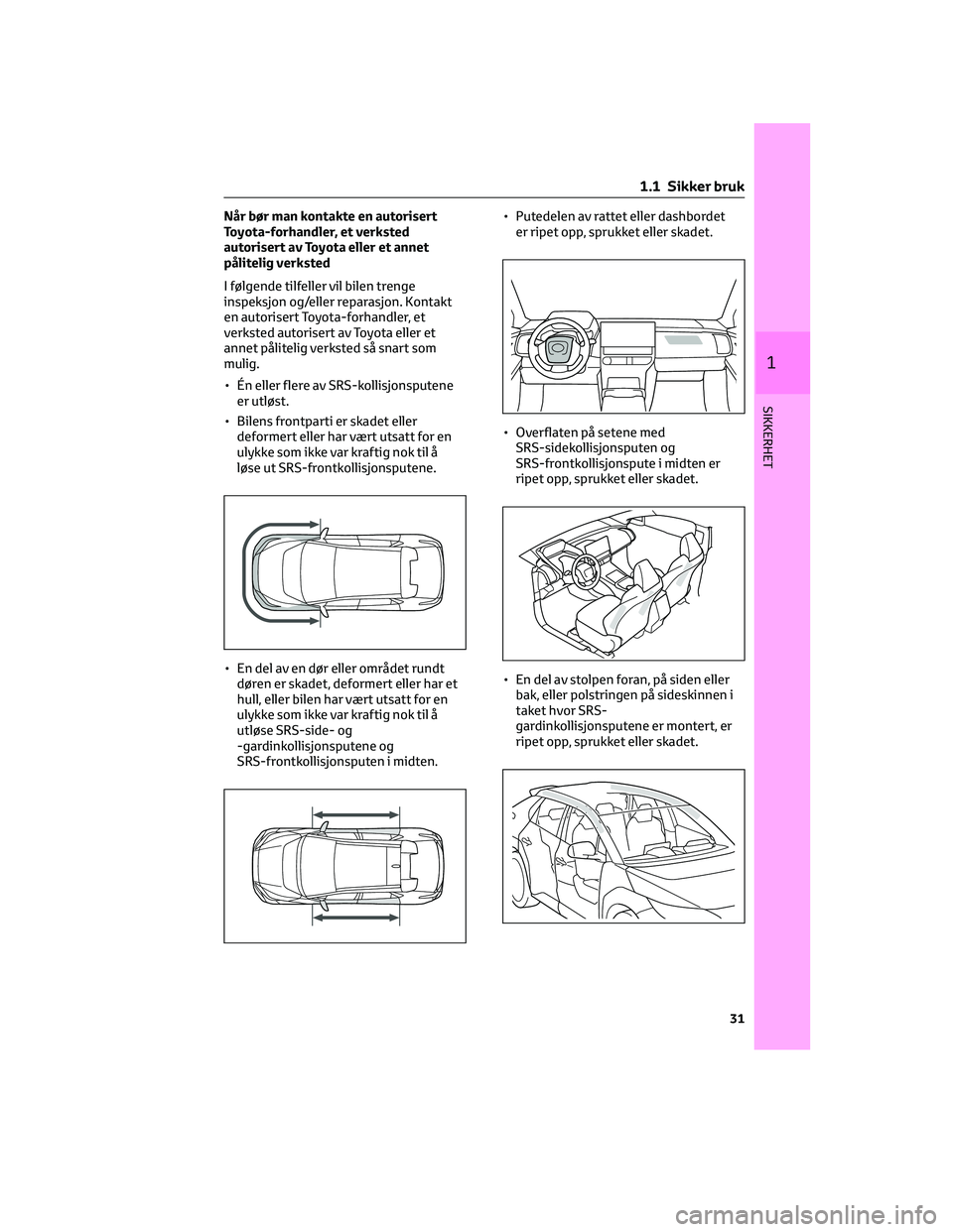 TOYOTA BZ4X 2022 Instruksjoner for bruk (in Norwegian) Når bør man kontakte en autorisert
Toyota-forhandler, et verksted
autorisert av Toyota eller et annet
pålitelig verksted
I følgende tilfeller vil bilen trenge
inspeksjon og/eller reparasjon. Konta TOYOTA BZ4X 2022 Instruksjoner for bruk (in Norwegian) Når bør man kontakte en autorisert
Toyota-forhandler, et verksted
autorisert av Toyota eller et annet
pålitelig verksted
I følgende tilfeller vil bilen trenge
inspeksjon og/eller reparasjon. Konta