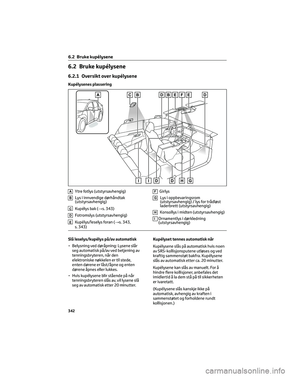 TOYOTA BZ4X 2022  Instruksjoner for bruk (in Norwegian) 6.2 Bruke kupélysene
6.2.1 Oversikt over kupélysene
Kupélysenes plassering
AYtre fotlys (utstyrsavhengig)
BLys i innvendige dørhåndtak
(utstyrsavhengig)
CKupélys bak (→s. 343)
DFotromslys (uts