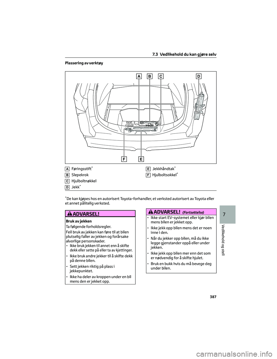 TOYOTA BZ4X 2022 Instruksjoner for bruk (in Norwegian) Plassering av verktøy
AFøringsstift*
BSlepekrok
CHjulboltnøkkel
DJekk*
EJekkhåndtak*
FHjulboltsokkel*
*De kan kjøpes hos en autorisert Toyota-forhandler, et verksted autorisert av Toyota eller
et TOYOTA BZ4X 2022 Instruksjoner for bruk (in Norwegian) Plassering av verktøy
AFøringsstift*
BSlepekrok
CHjulboltnøkkel
DJekk*
EJekkhåndtak*
FHjulboltsokkel*
*De kan kjøpes hos en autorisert Toyota-forhandler, et verksted autorisert av Toyota eller
et