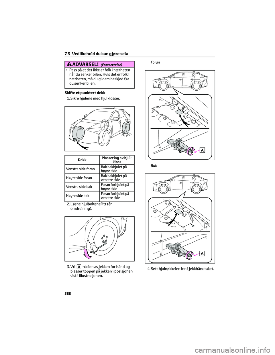 TOYOTA BZ4X 2022 Instruksjoner for bruk (in Norwegian) ADVARSEL!(Fortsettelse)
• Pass på at det ikke er folk i nærheten
når du senker bilen. Hvis det er folk i
nærheten, må du gi dem beskjed før
du senker bilen.
Skifte et punktert dekk
1. Sikre hj TOYOTA BZ4X 2022 Instruksjoner for bruk (in Norwegian) ADVARSEL!(Fortsettelse)
• Pass på at det ikke er folk i nærheten
når du senker bilen. Hvis det er folk i
nærheten, må du gi dem beskjed før
du senker bilen.
Skifte et punktert dekk
1. Sikre hj