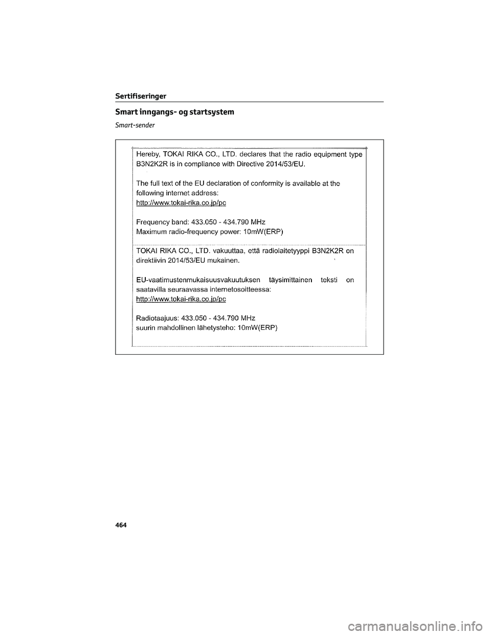 TOYOTA BZ4X 2022  Instruksjoner for bruk (in Norwegian) Smart inngangs- og startsystem
Smart-sender
Sertifiseringer
464 