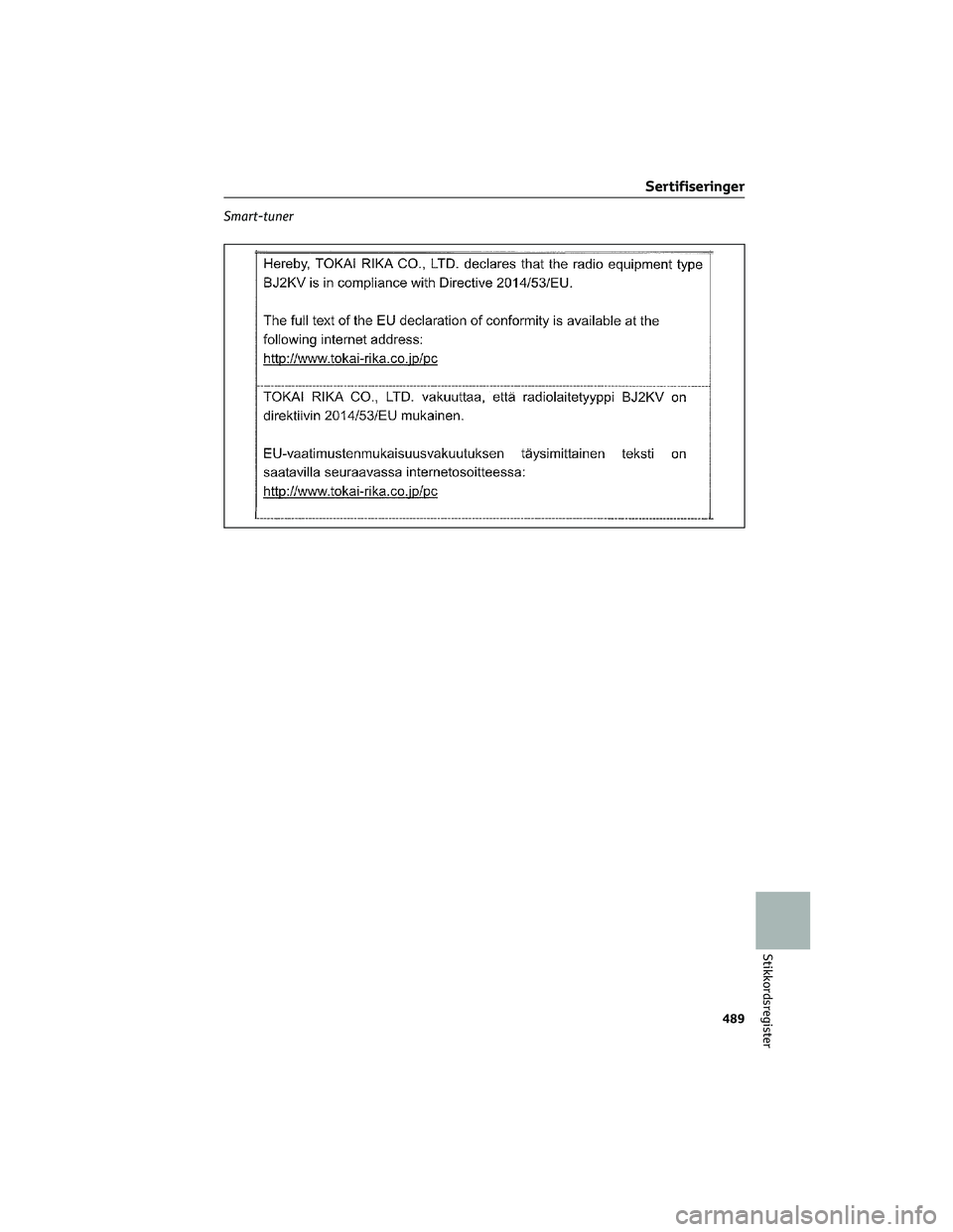 TOYOTA BZ4X 2022  Instruksjoner for bruk (in Norwegian) Smart-tuner
Sertifiseringer
489
Stikkordsregister 