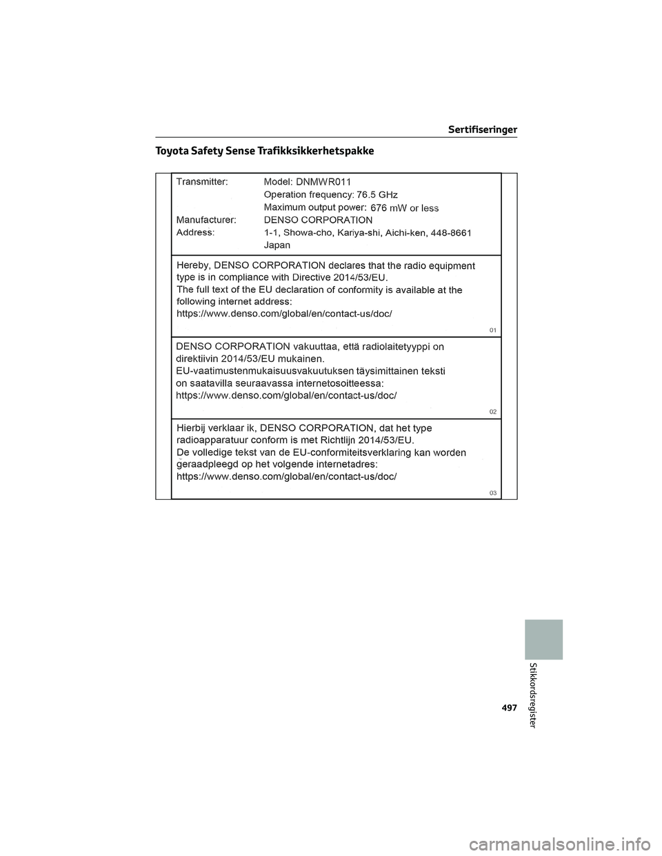 TOYOTA BZ4X 2022  Instruksjoner for bruk (in Norwegian) Toyota Safety Sense Trafikksikkerhetspakke
Sertifiseringer
497
Stikkordsregister 